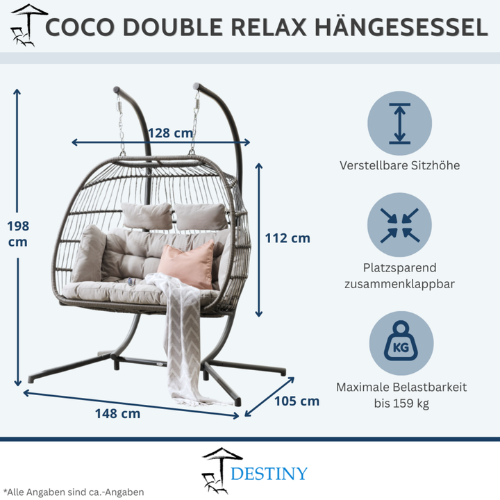 COCO DOUBLE RELAX Hängesessel Maßblatt